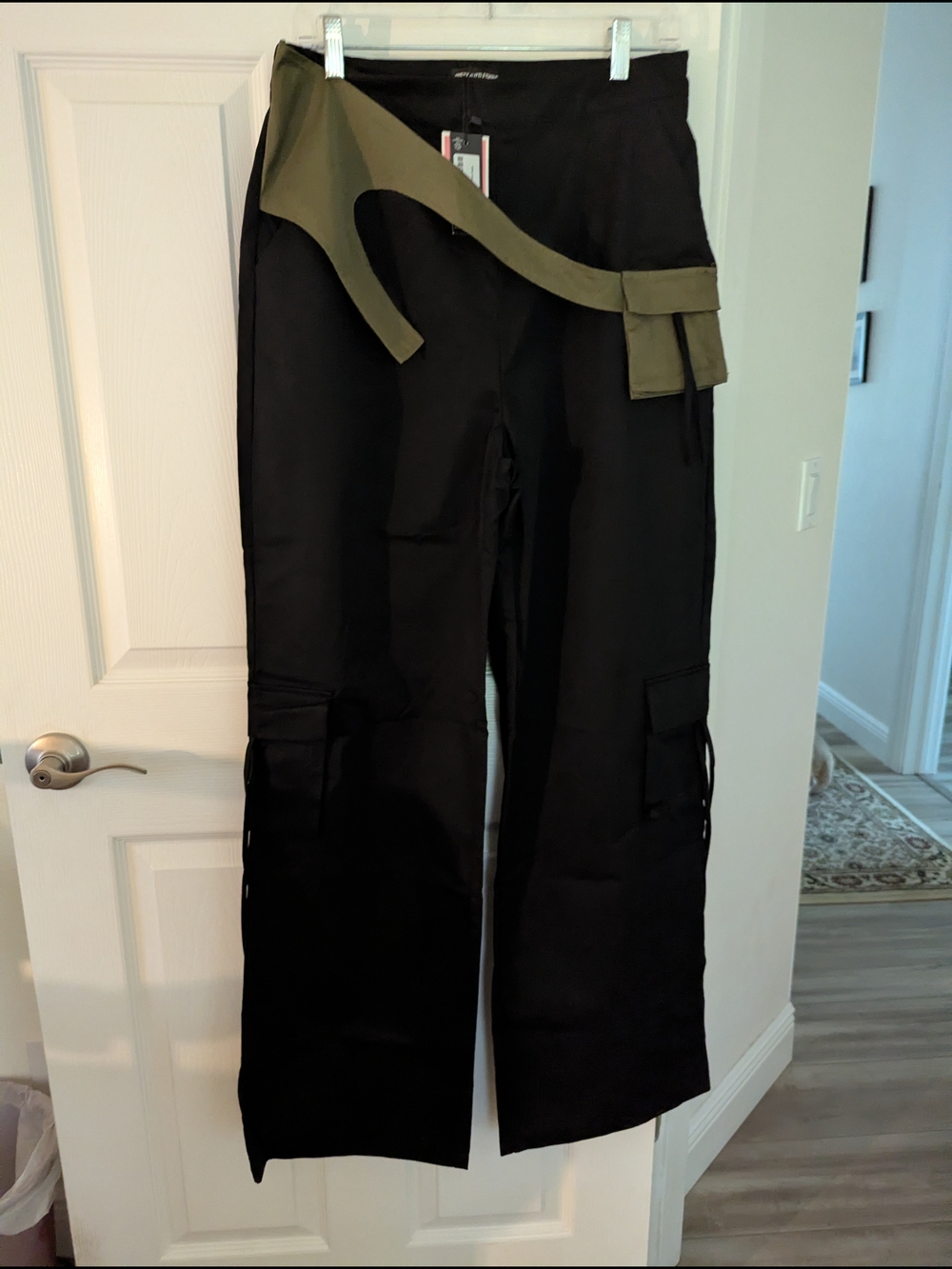 PrettyLittleThing Black Cargo Flare Pants with Olive Belt Detail